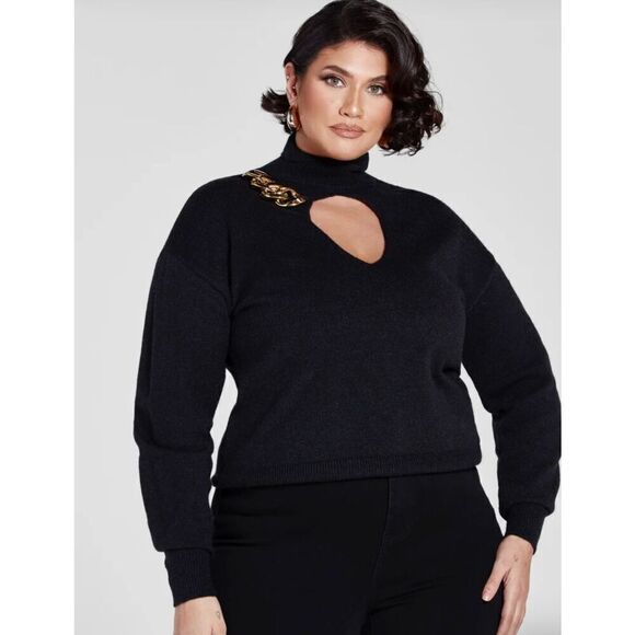 Fashion to Figure Demi Chain Detail Pullover Turtle Neck Sweater Black Cutout Pl - Picture 1 of 7
